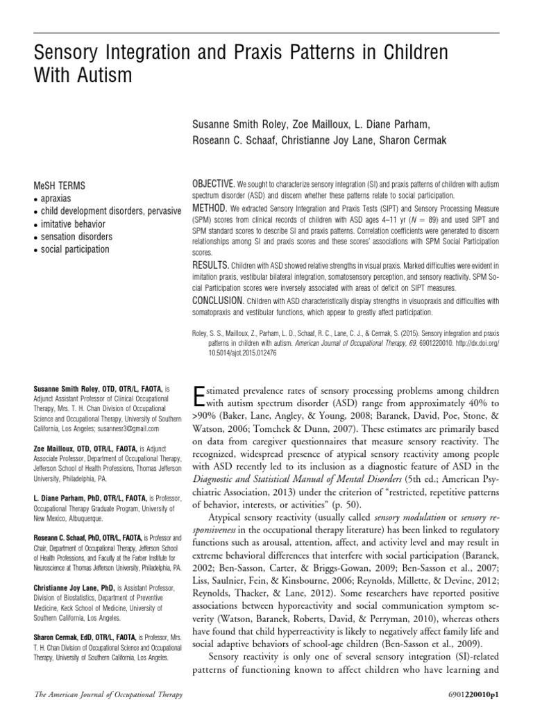 Sensory Integration and Praxis Patterns in Children With Autism PDF
