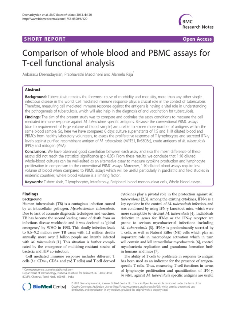 Comparison of Whole Blood and PBMC Assays For | PDF | Interferon Gamma ...