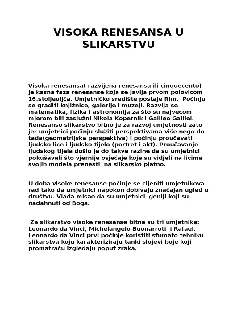 Visoka Renesansa U Slikarstvu | PDF