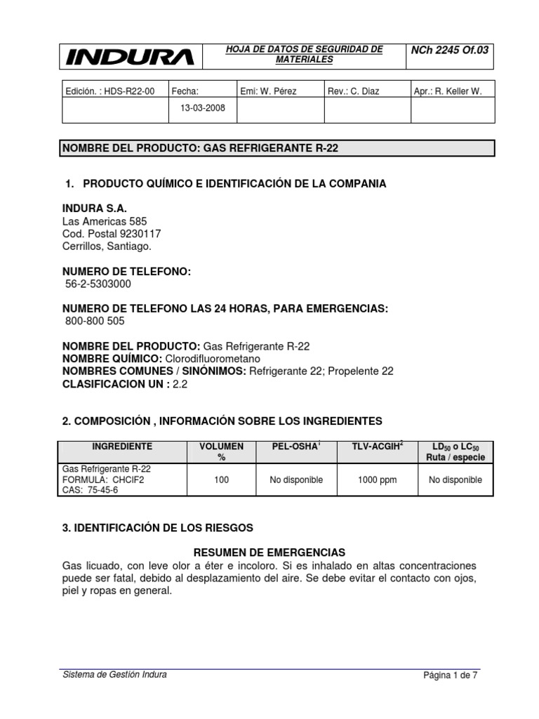 Hoja de Seguridad Gas Refrigerante R-22 | PDF | Oxígeno | Combustión