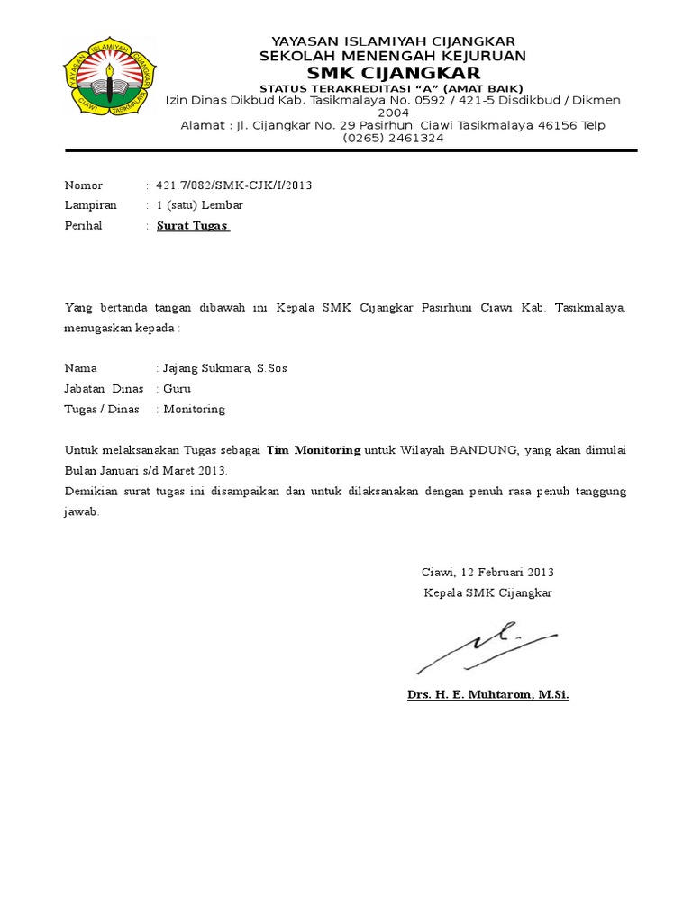 Contoh Surat Tugas Dari Sekolah Pdf