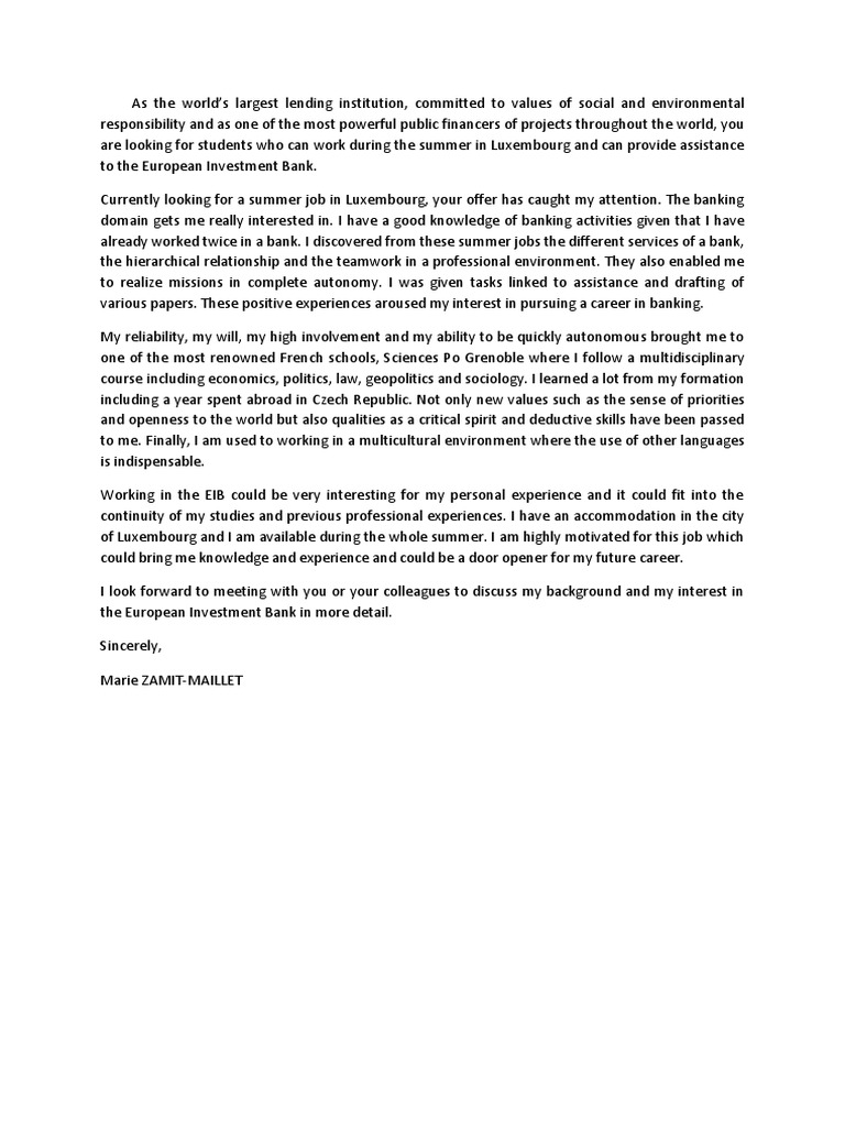 EIB Summer Internship Motivation Letter | PDF