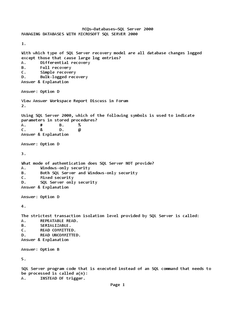 MCQs Databases SQL Server 2000 Notepad PDF Microsoft Sql Server Database Index