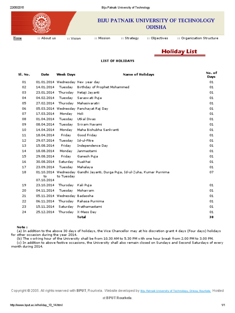 BPUT Holiday List PDF Hindu Worship Religious Holidays