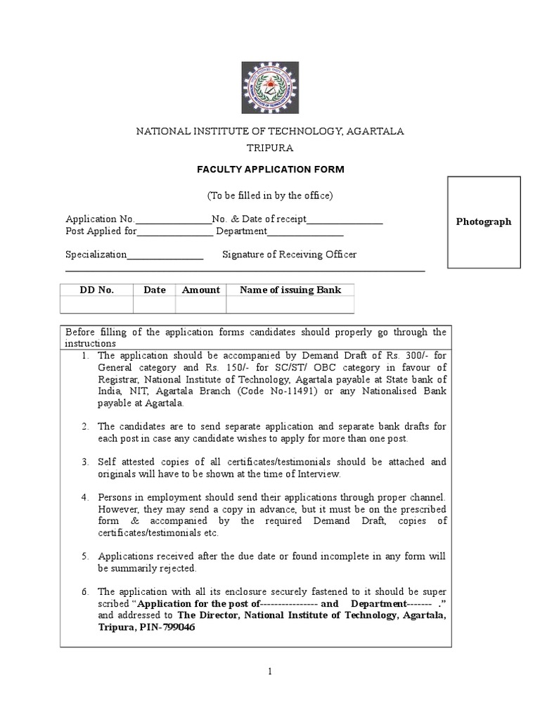 NIT Agartala Faculty Application Form | PDF | Doctor Of Philosophy | Thesis