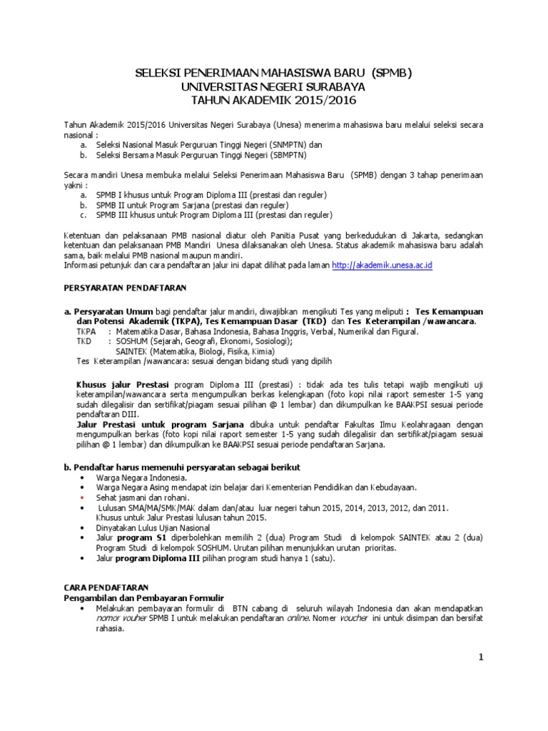 Spmb Unesa 2015 2016 Pdf