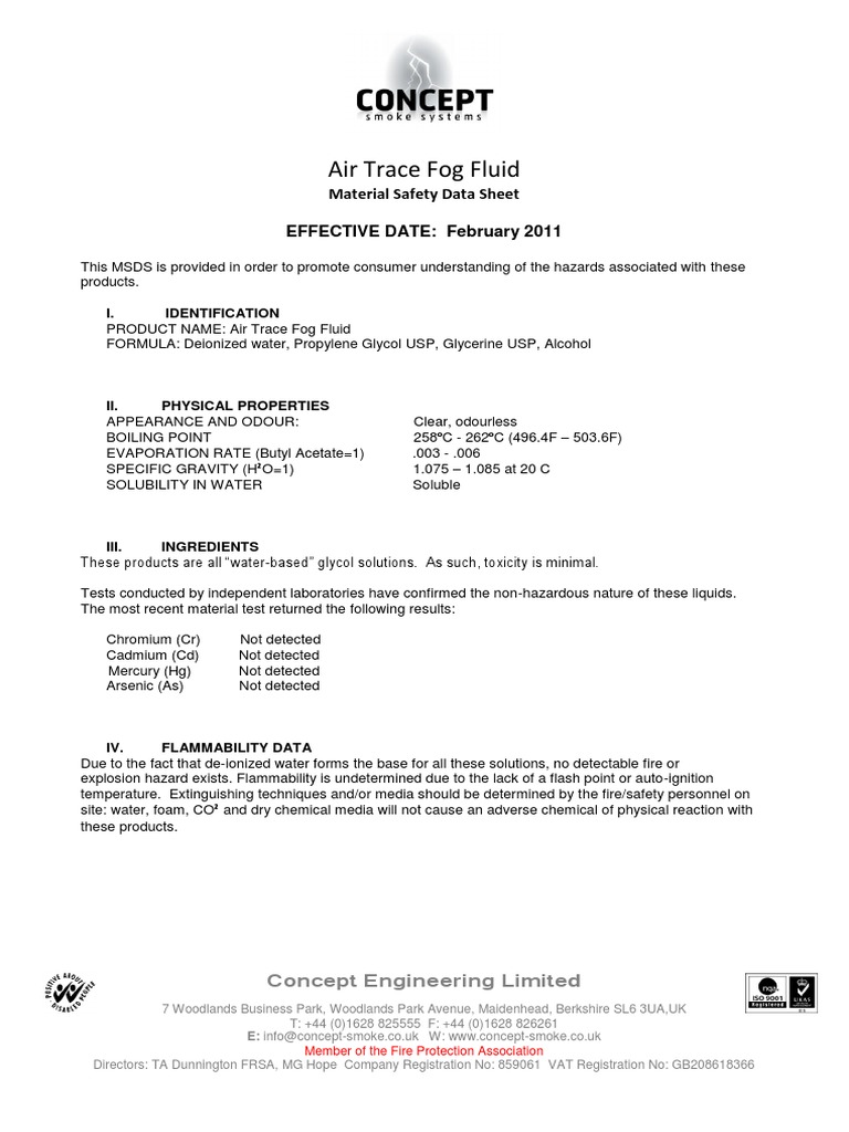 Concept Air Trace Smoke Fluid Msds PDF Water Materials