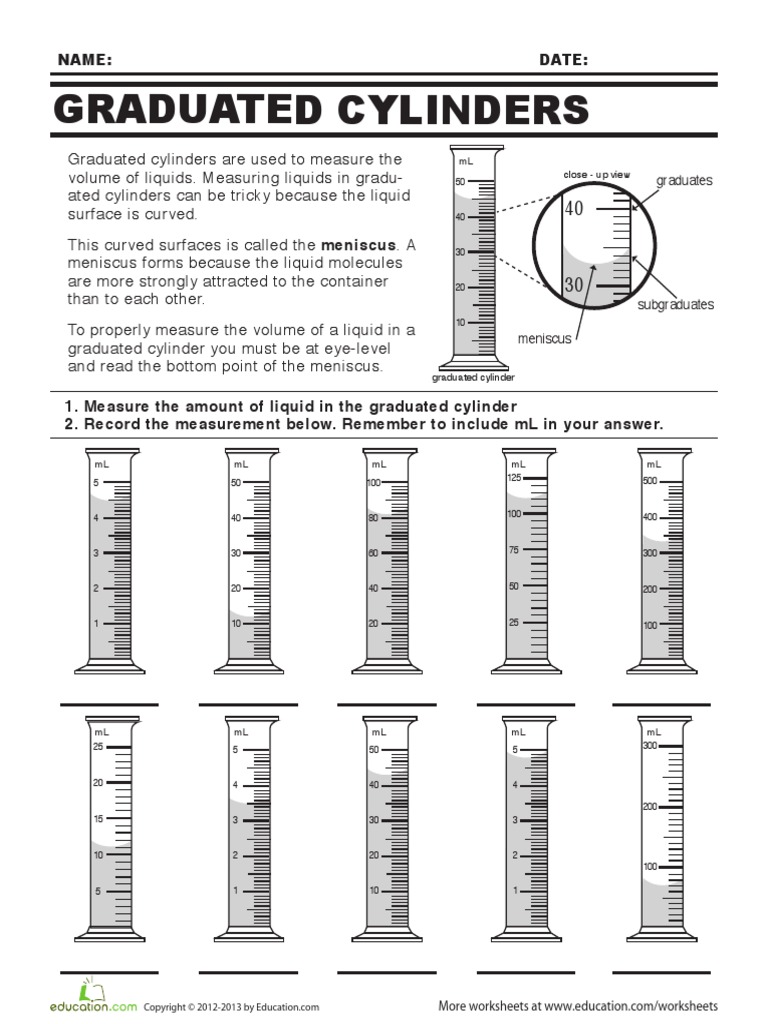 Graduated Cylinder Worksheet  PDF With Reading  Graduated Cylinders Worksheet