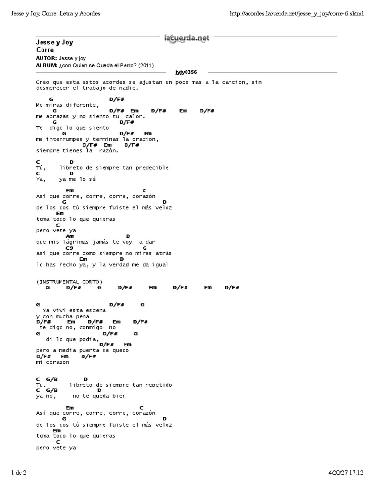 Jesse y Joy, Corre - Letra y Acordes