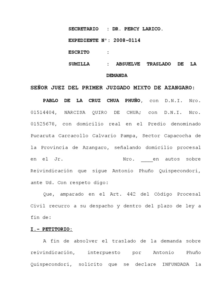 Absuelve Traslado de La Demanda Ley común Justicia