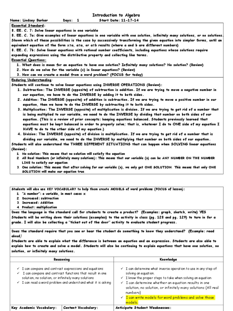 solving linear equations lesson plan 11172014 Multiplication