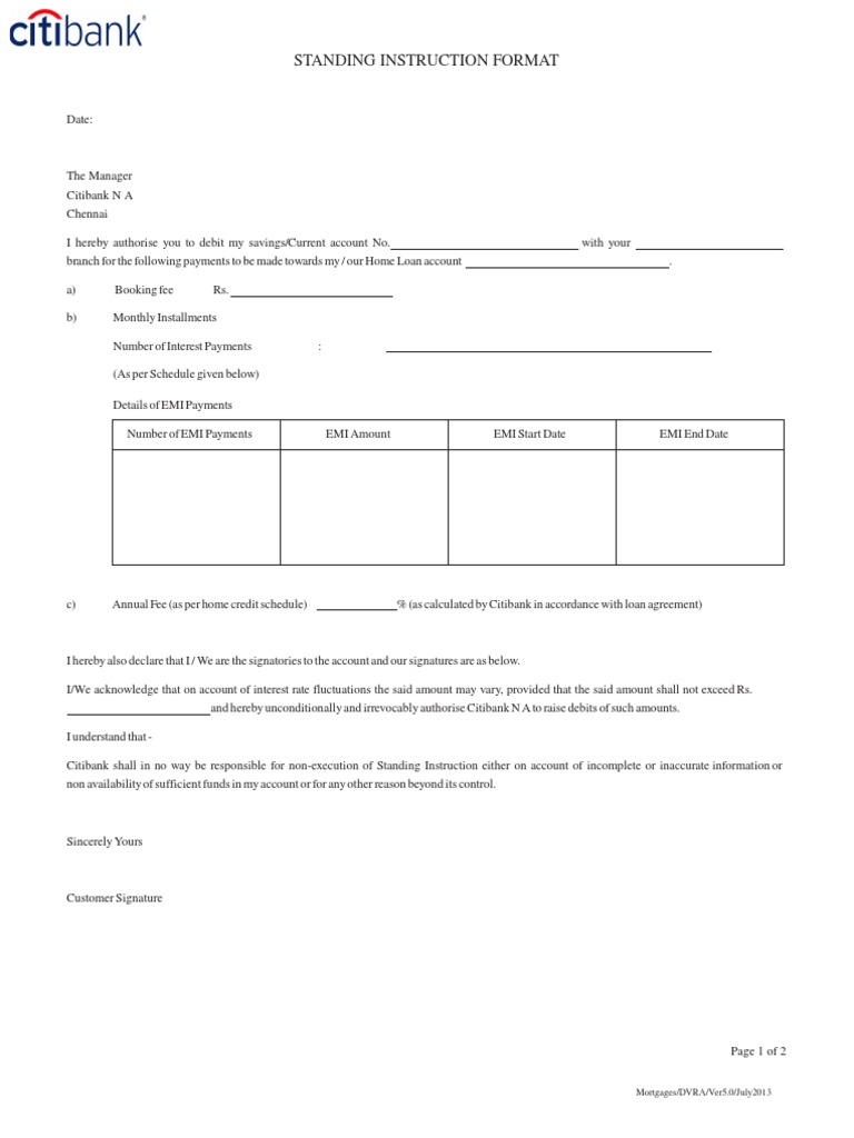 Standing Instructions Format Loans Interest
