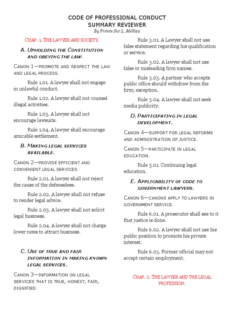Code of Professional ConductReviewer PDF Practice Of Law Lawyer