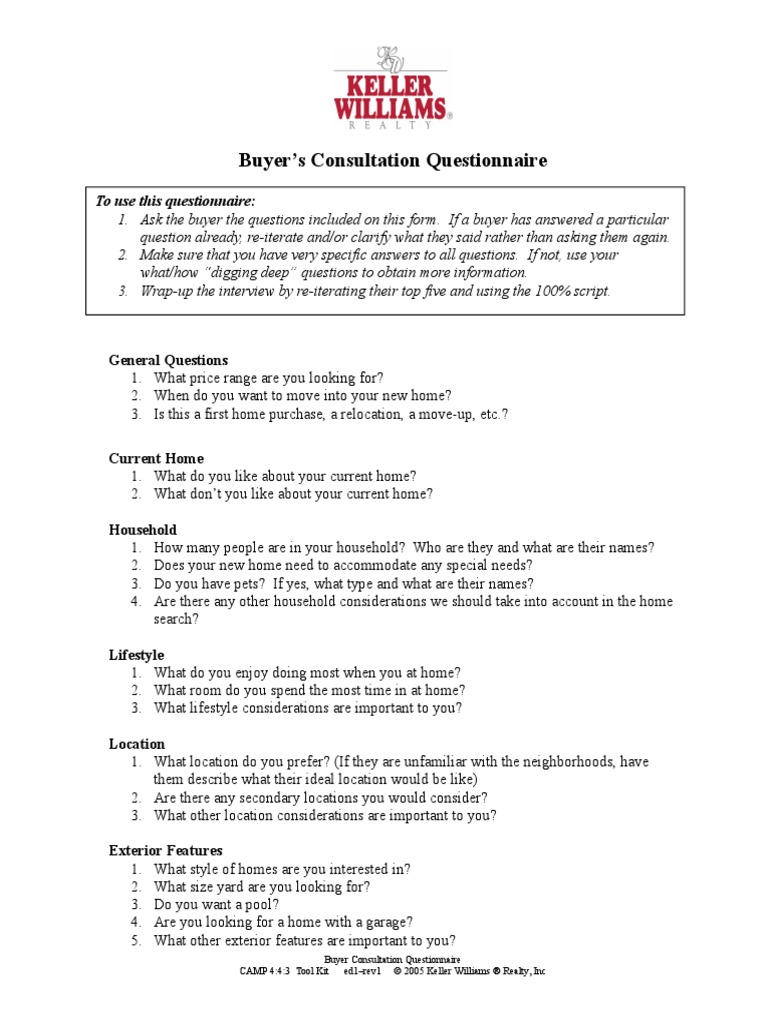 Buyer Consultation Questionnaire | PDF | Room | Question for Free Printable Real Estate Buyer Questionnaire Form