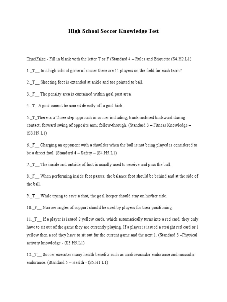 cognitive soccer knowledge test with answers Association Football