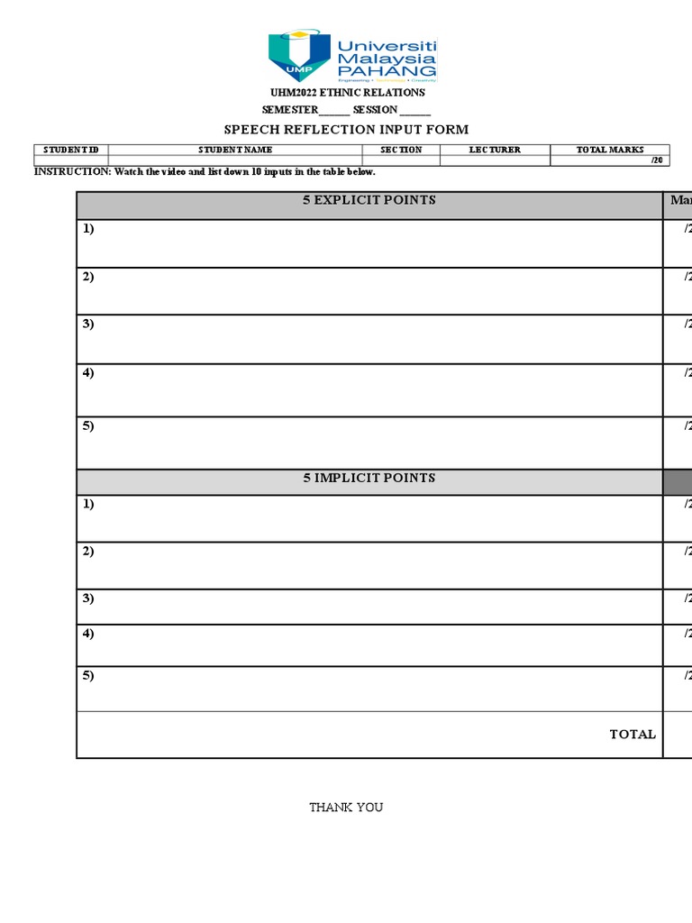 Ethnic Relations Speech Reflection Form | PDF