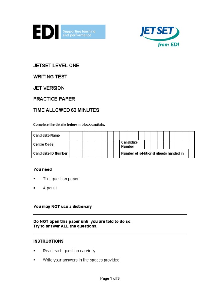 Jetset Level One Writing Test Jet Version Practice Paper Time Allowed ...