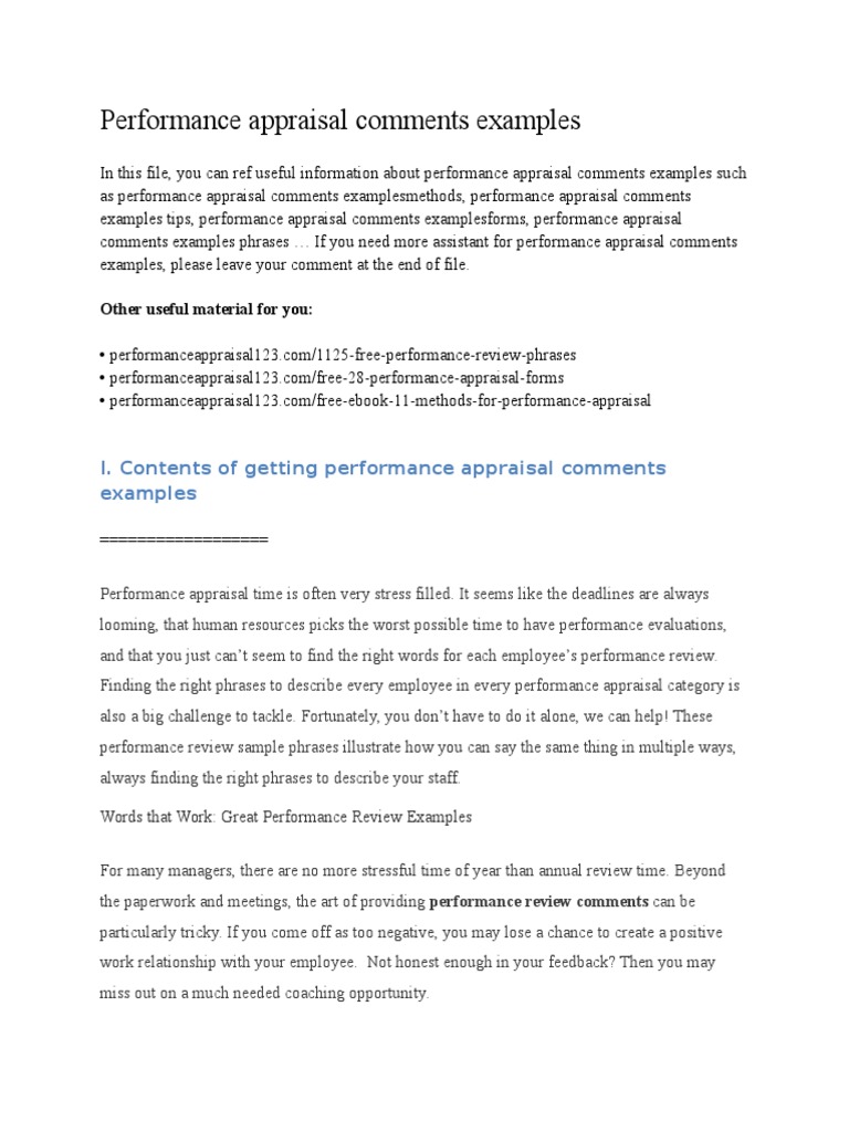 Performance Appraisal Comments Examples  PDF  Performance