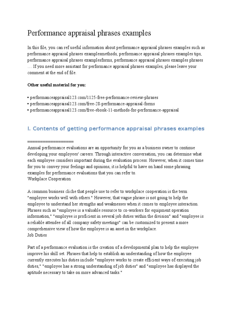 Performance Appraisal Phrases Examples | PDF | Performance 