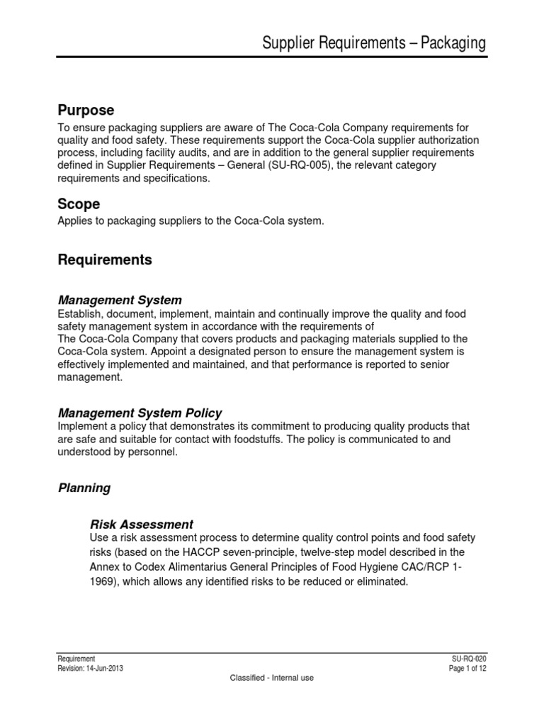 Packaging Supplier Requirements PDF Packaging And Labeling Food Safety