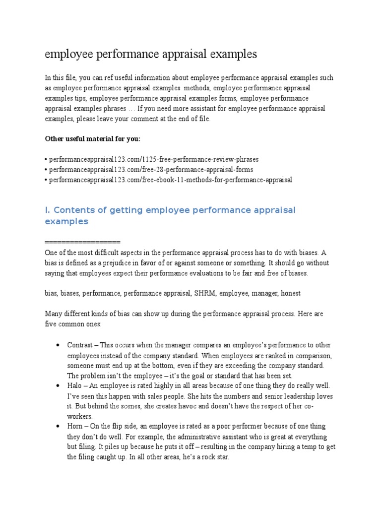 Employee Performance Appraisal Examples | PDF | Performance Appraisal |  Psychological Concepts