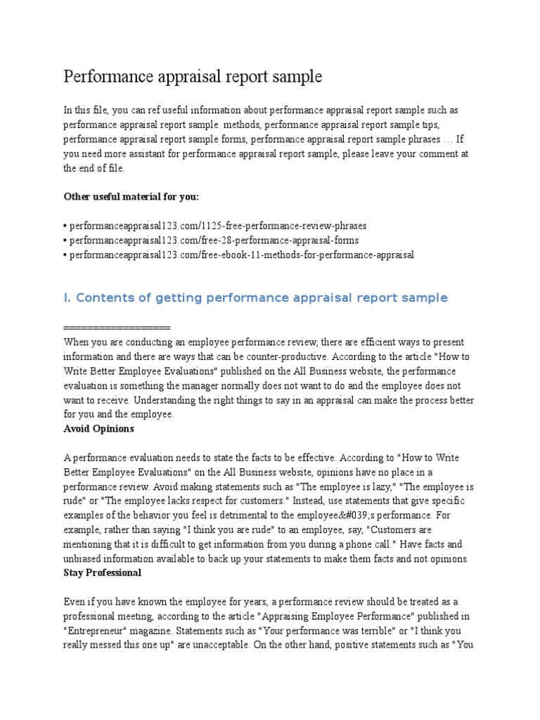 Performance appraisal report sample template