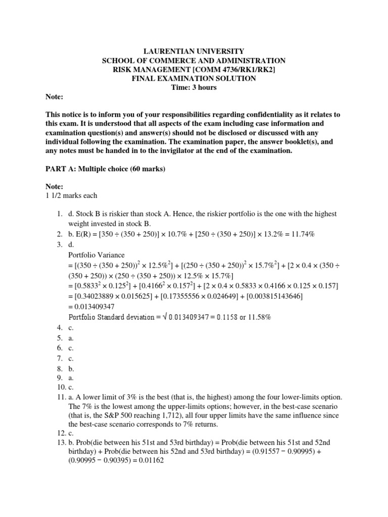 Risk Management Exam Solutions | PDF | Financial Risk | Margin (Finance)