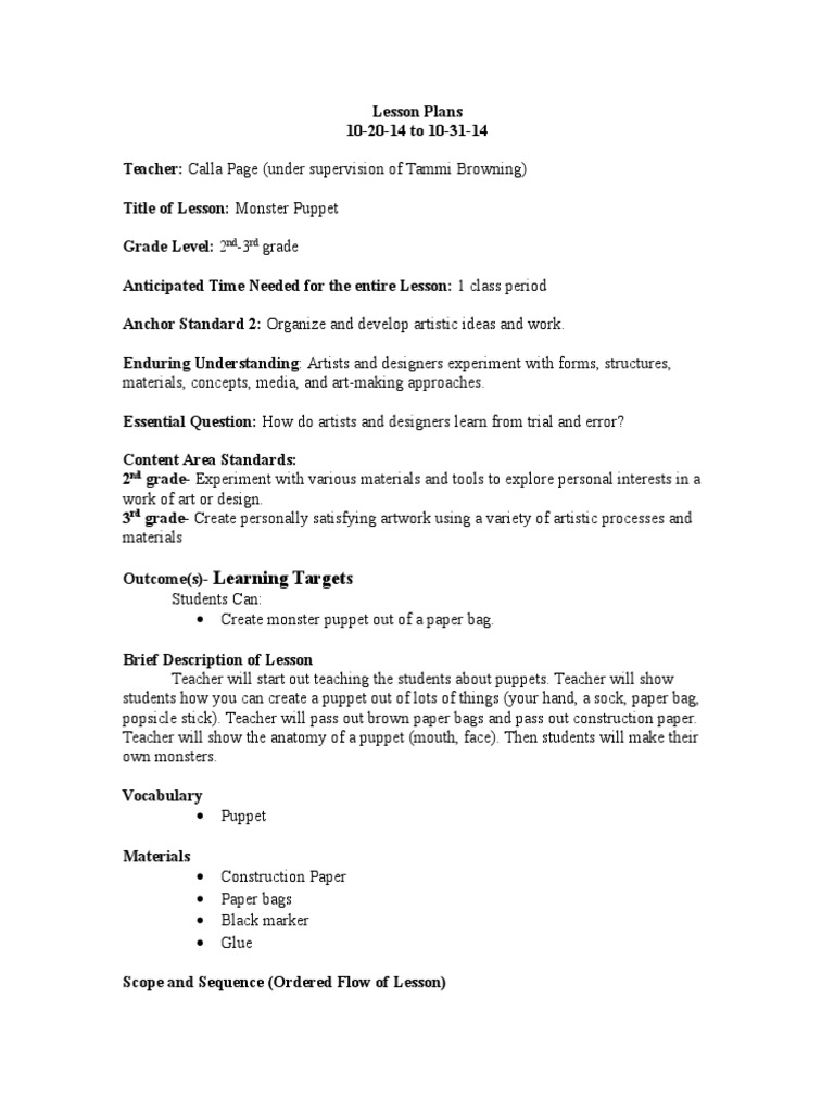 Monster Puppet Lesson Plan Psychological Concepts