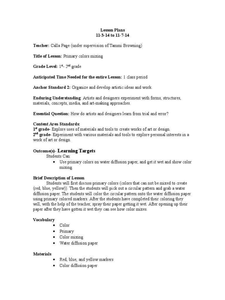 primary colors mixing Color Lesson Plan