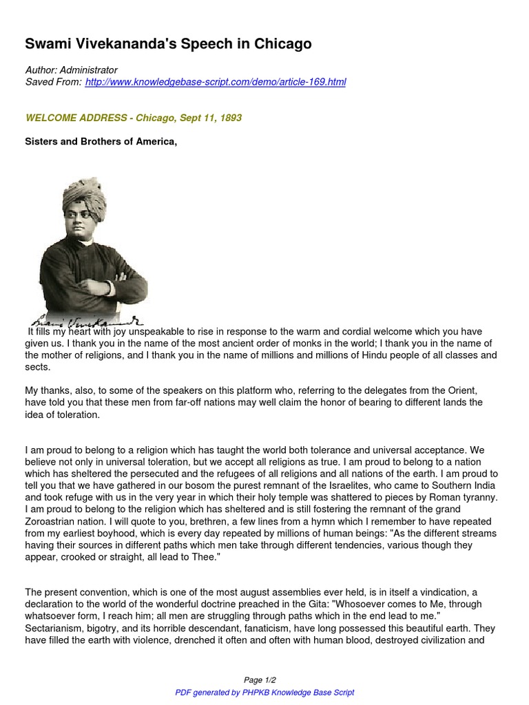 Chicago Speech Swami Vivekananda Religious Faiths
