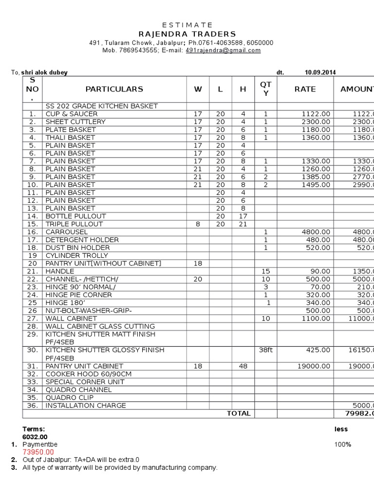 Kitchen Equipment Estimate Document | PDF
