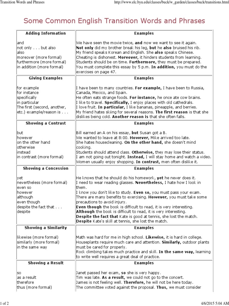Common English Transition Words Guide | PDF | Comma | Sentence ...