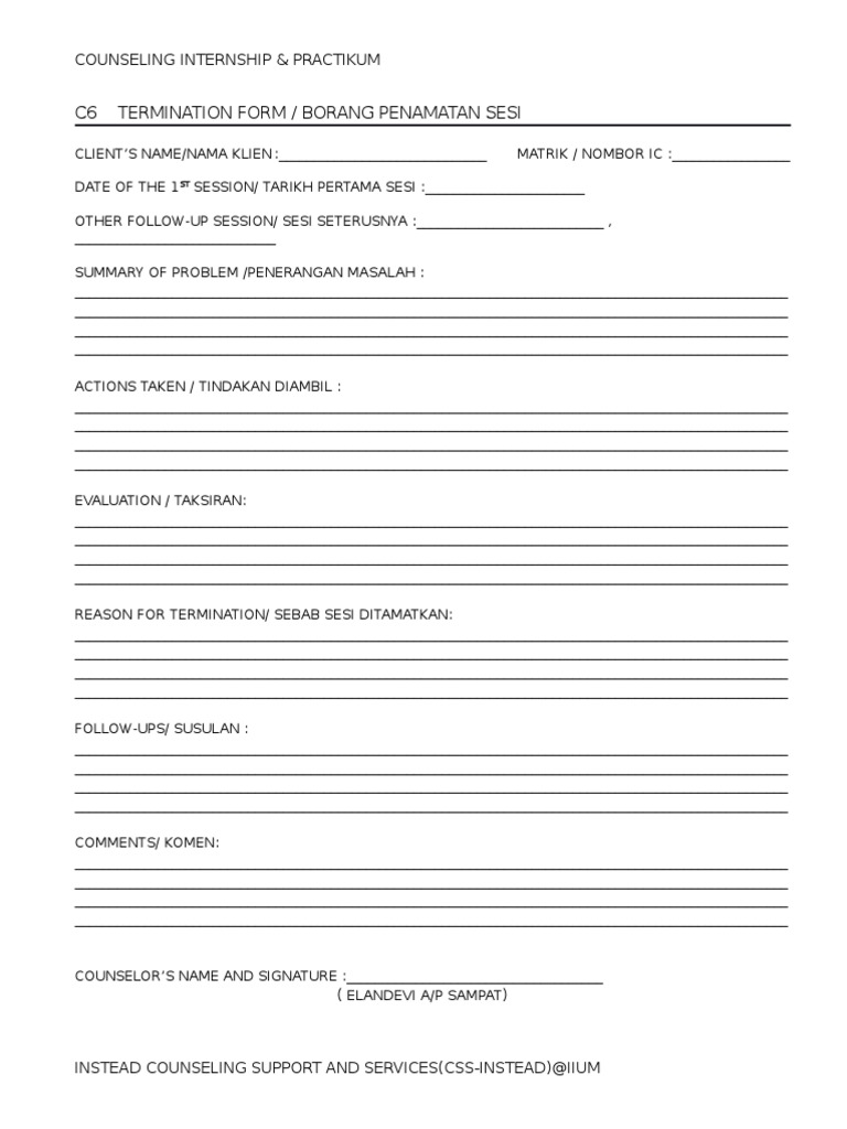 Counseling Internship Termination Form | PDF | Counseling | Therapy