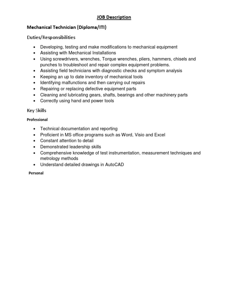 Job Description, Technician (Mechanical) PDF