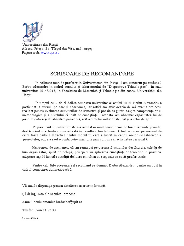 Scrisoare De Recomandare Pentru Facultate In Strainatate