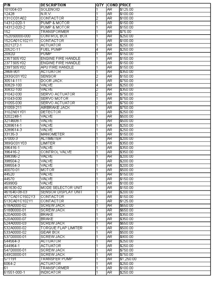 Aerospace Parts Inventory List | PDF | Valve | Actuator