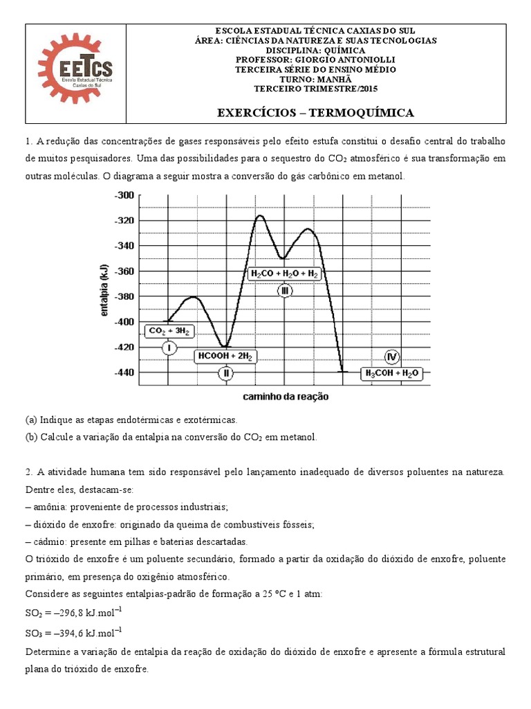 Exercícios - Termoquímica | Entalpia | Combustão