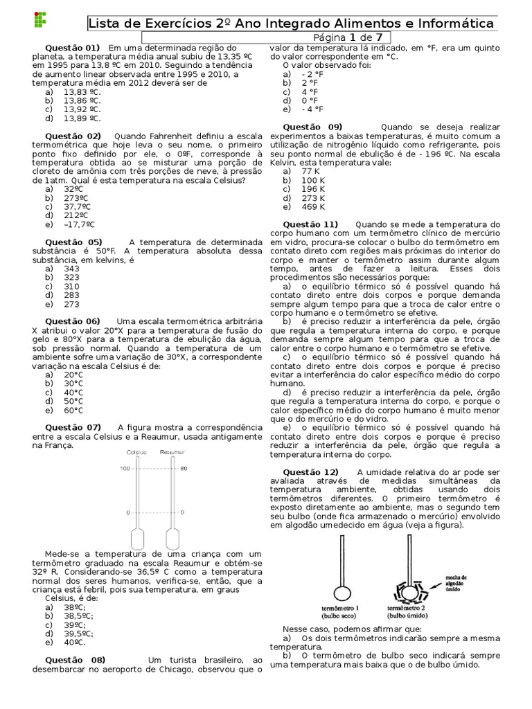 Exercícios de Termologia para 2º Ano | PDF | Termômetro | Calor