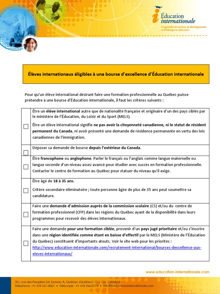 Eleves Eligibles A Une Bourse D Excellence De Ei Quebec Canada