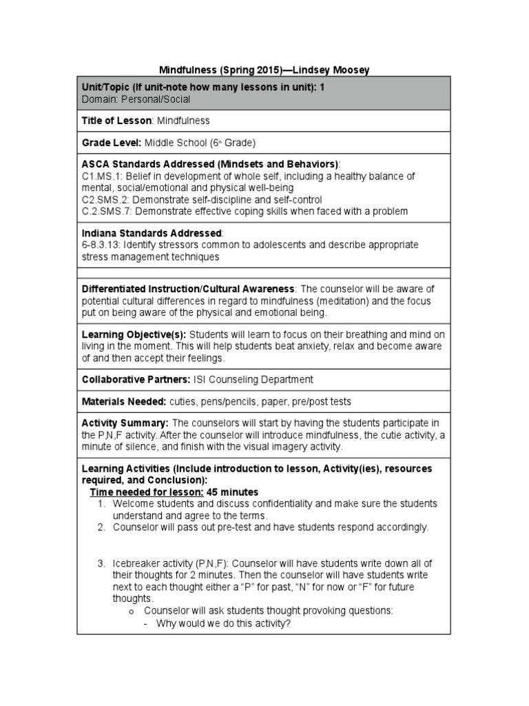 Mindfulness Lesson Plan for Middle School | PDF | Mindfulness | School ...