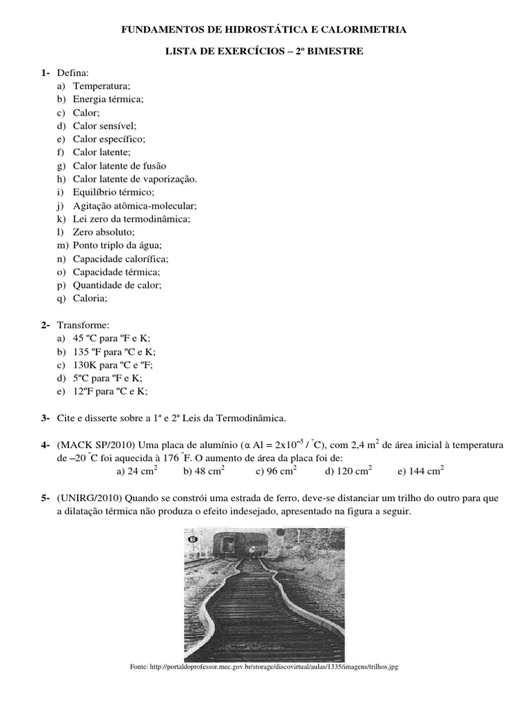 Lista de Exercícios de Calorimetria | PDF | Capacidade térmica | Calor