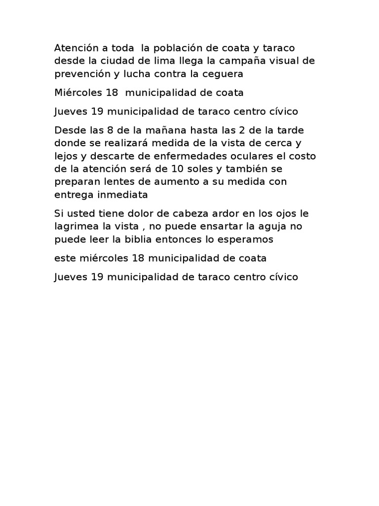 Campaña Visual contra la Ceguera en Coata y Taraco | PDF