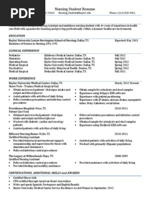 Sample Nursing Student Resume
