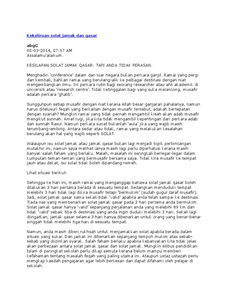 Kekeliruan Solat Jamak Dan Qasar Docx