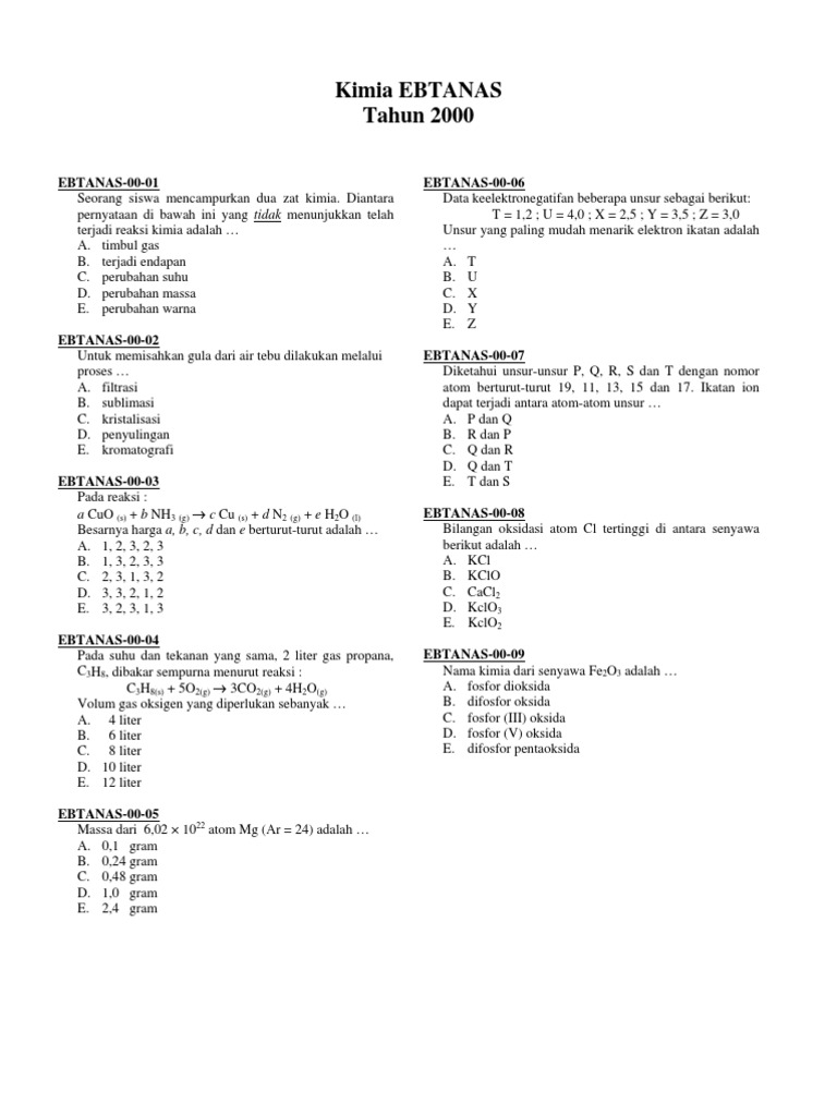 Soal Soal Kimia 2000