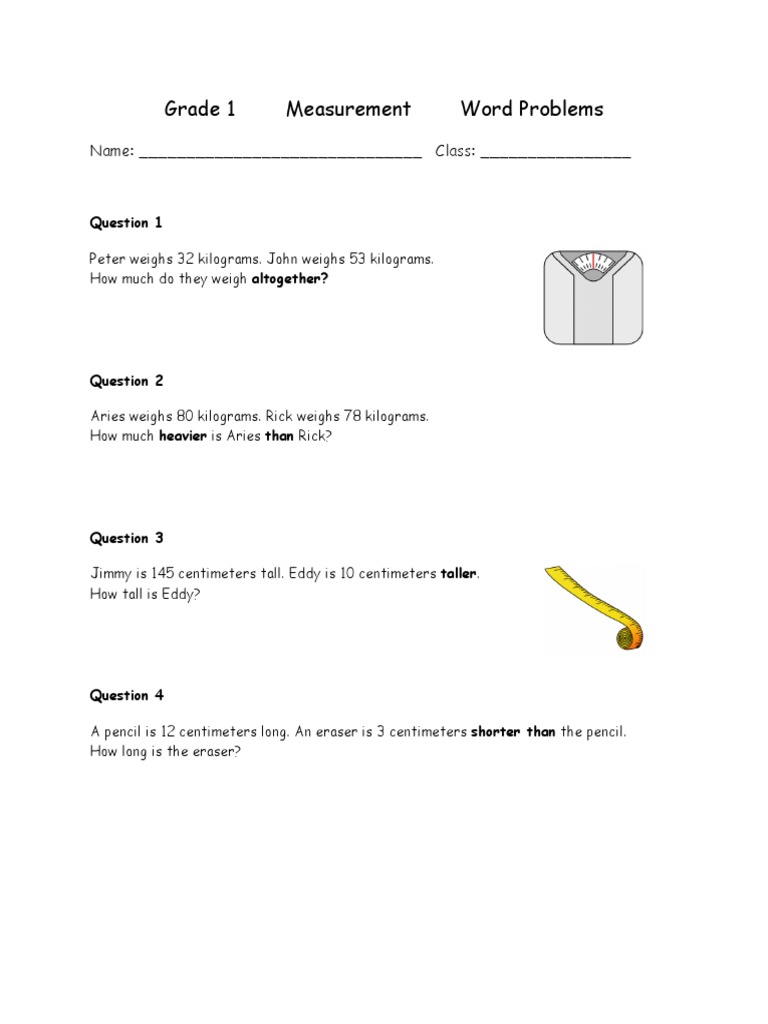Grade 1 Measurement Word Problems: Name: - Class | PDF | Home & Garden ...