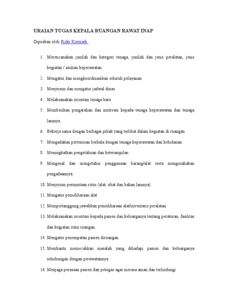 Uraian Tugas Kepala Ruangan Rawat Inap