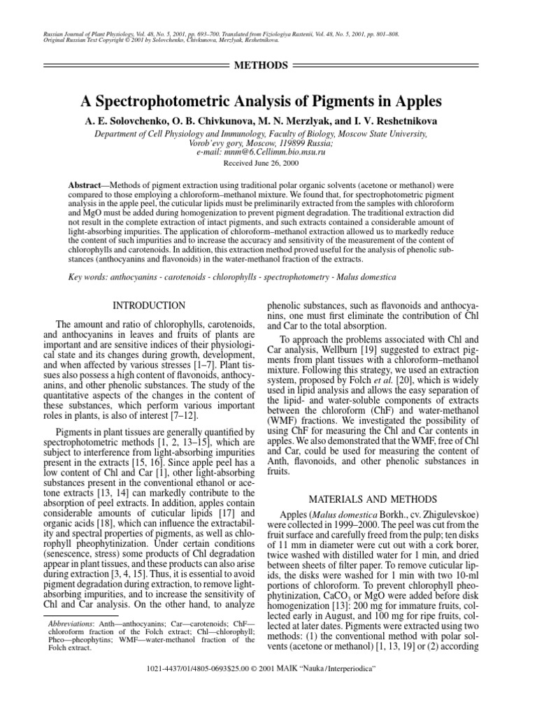 A Spectrophotometric Analysis of Pigments in Apples PDF Absorption