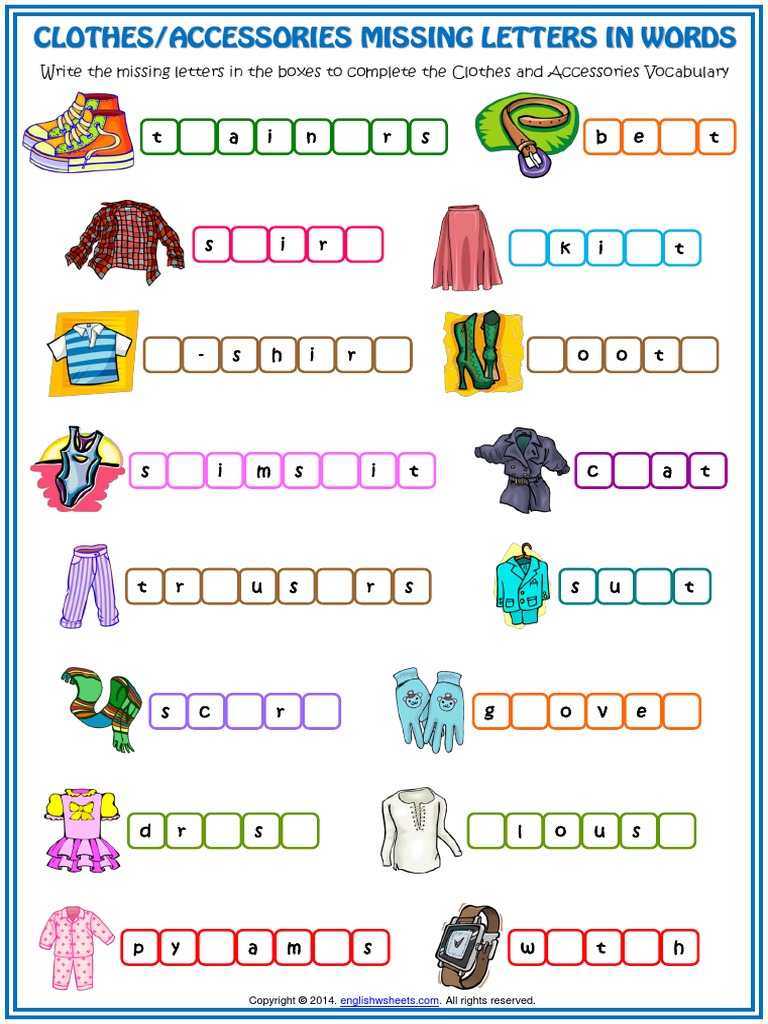 clothes and accessories vocabulary missing letters in words esl worksheet pdf
