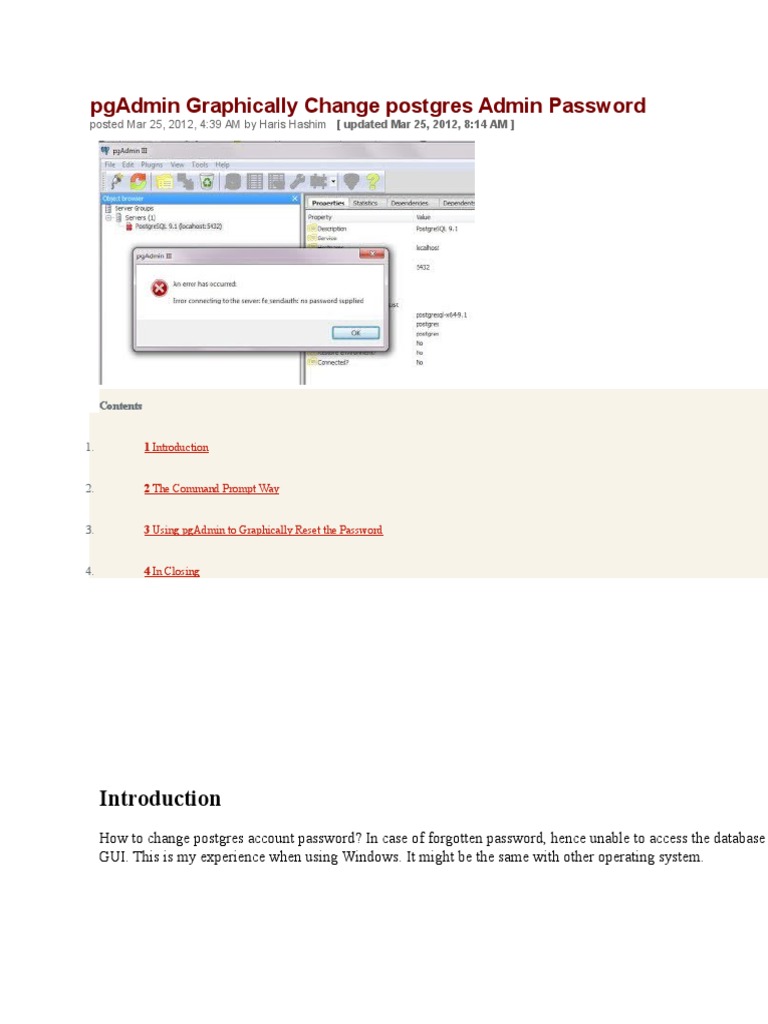 Change PostgreSQL Admin Password with pgAdmin | PDF | Postgre Sql ...